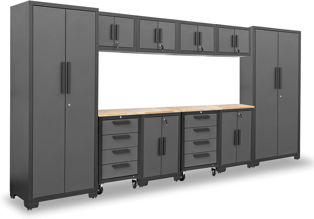 Torin Garage Storage System Heavy Duty 12Pcs Metal Organization Workbench，Wall, 4-Drawers Rolling Cabinet, Black/Grey