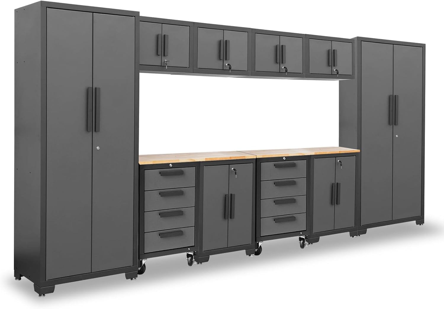 Torin Garage Storage System Heavy Duty 12Pcs Metal Organization Workbench，Wall, 4-Drawers Rolling Cabinet, Black/Grey