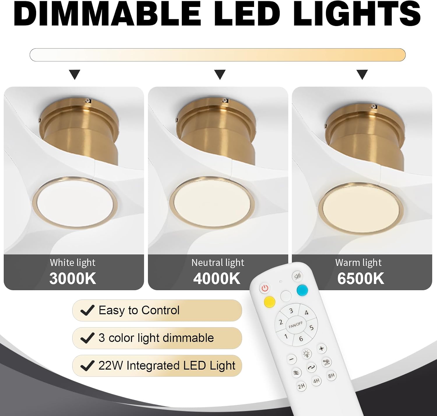 52 Inch Ceiling Fan with Lights and Remote, White Gold Low Profile Flush Mount, Modern 3 Blade Ceiling Fans Dimmable LED Light for Farmhouse Indoor Bedroom, Living Room