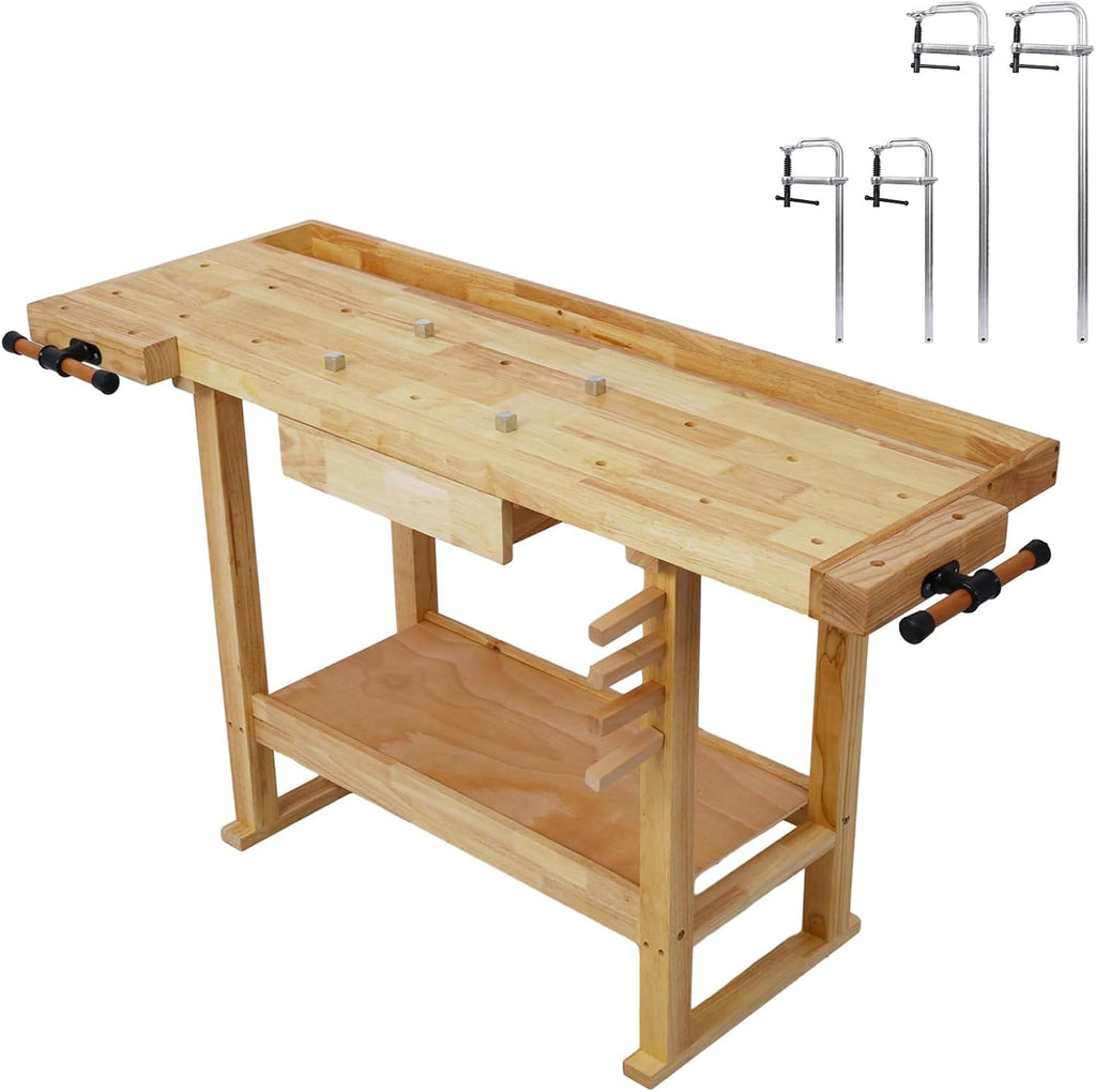 Wood Workbench, Wooden Workbench for Garage Workshop and Home, Workbench with Bar Clamps Set (Natural-A, 2pcs[12'x3']+2pcs[24' x4-3/4] Bar Clamps Set)