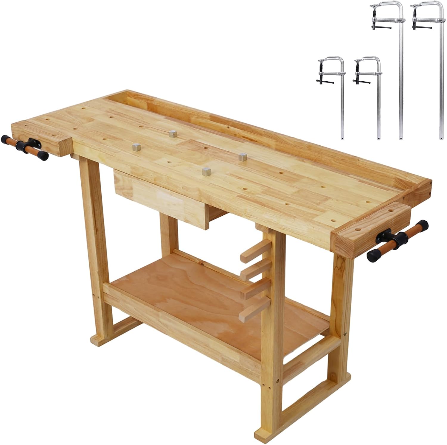 Wood Workbench, Wooden Workbench for Garage Workshop and Home, Workbench with Bar Clamps Set (Natural-A, 2pcs[12'x3']+2pcs[24' x4-3/4] Bar Clamps Set)