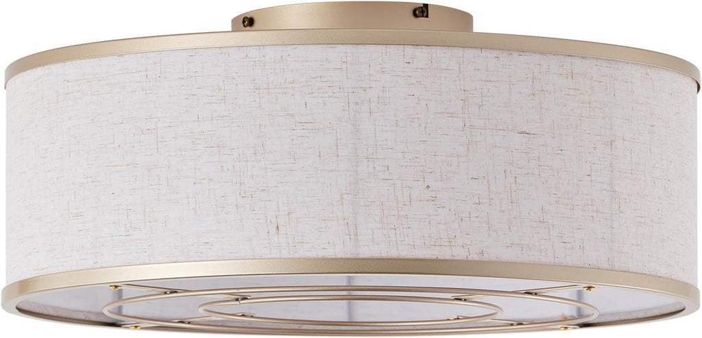 20 Inch Boho Ceiling Fan with Light, Low Profile Flush Mount Caged Ceiling Fan, Bladeless Gold Drum Chandelier with Remote, 6 Speed Reversible DC Motor for Bedroom Living Room, E26 Base
