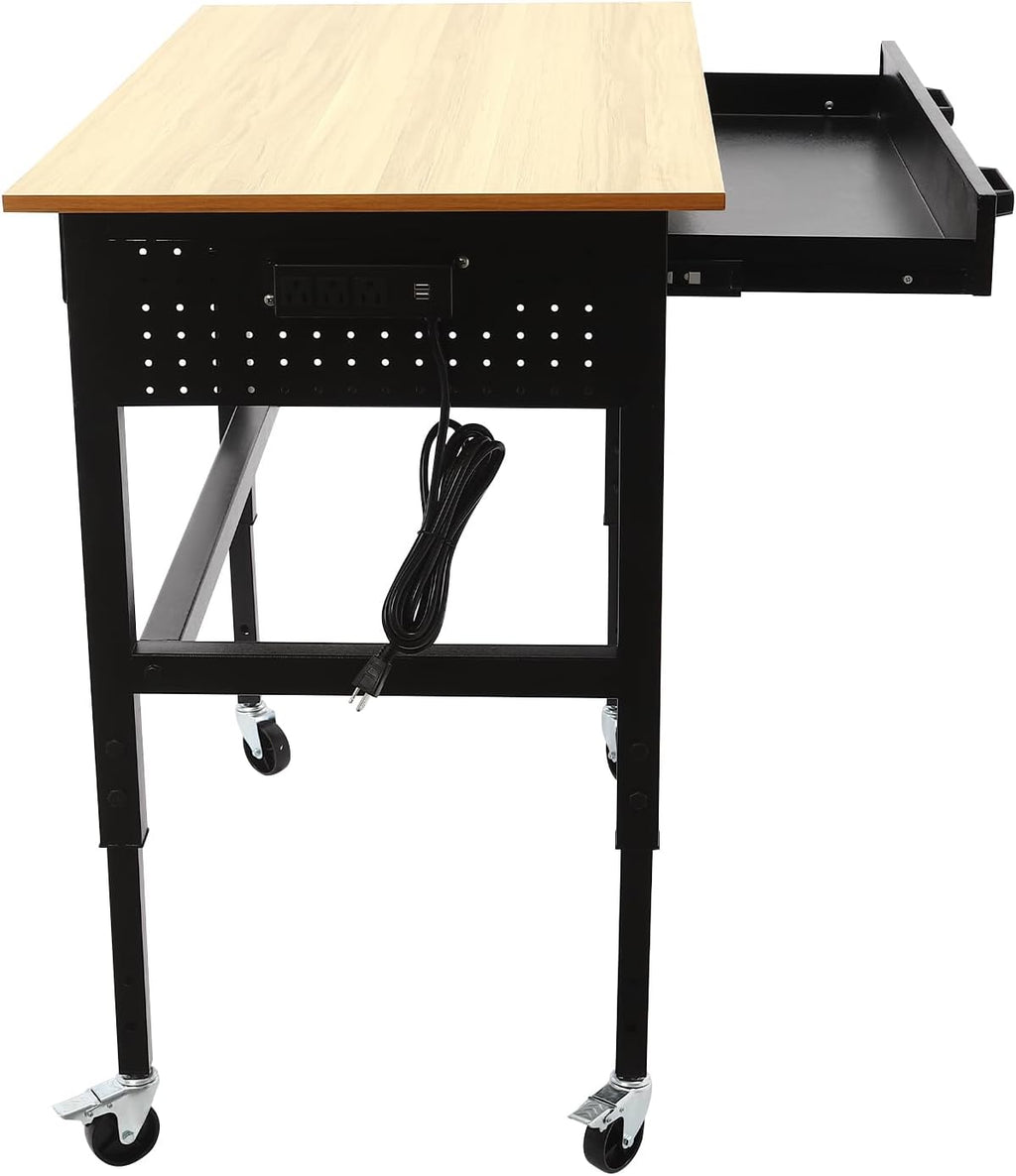 Adjustable Workbench with Power Outlets, 47' L X 24' W Hardwood Workbench Wood Work Station with Universal Wheels, Heavy-Duty Work Benches for Garage Party Shop Office