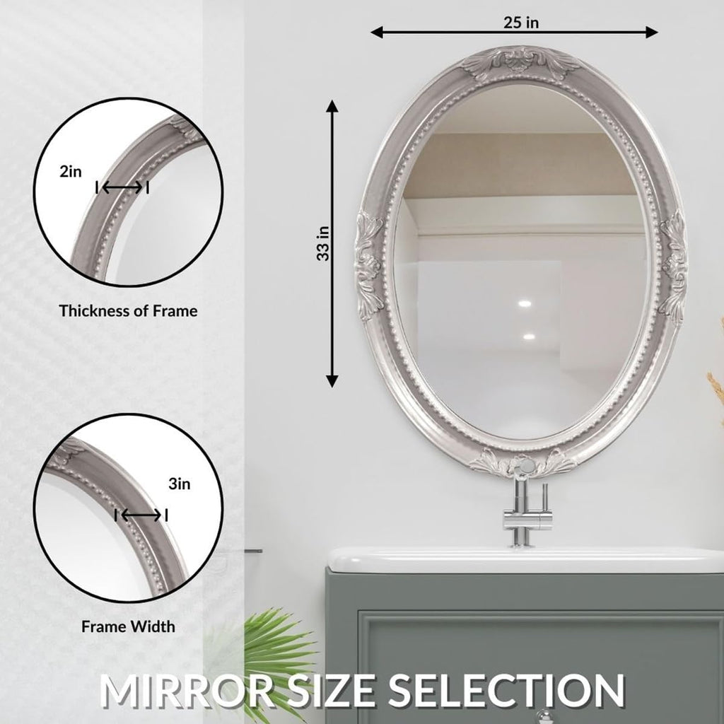 Howard Elliott Collection Queen Ann Oval Glossy Nickel Wall Mirror, Oval Bevelled Hanging Wood Framed Vanity Mirrors for Home Decor, Living Room, Bathroom, Bedroom, or Hallway, 25 x 33 Inch
