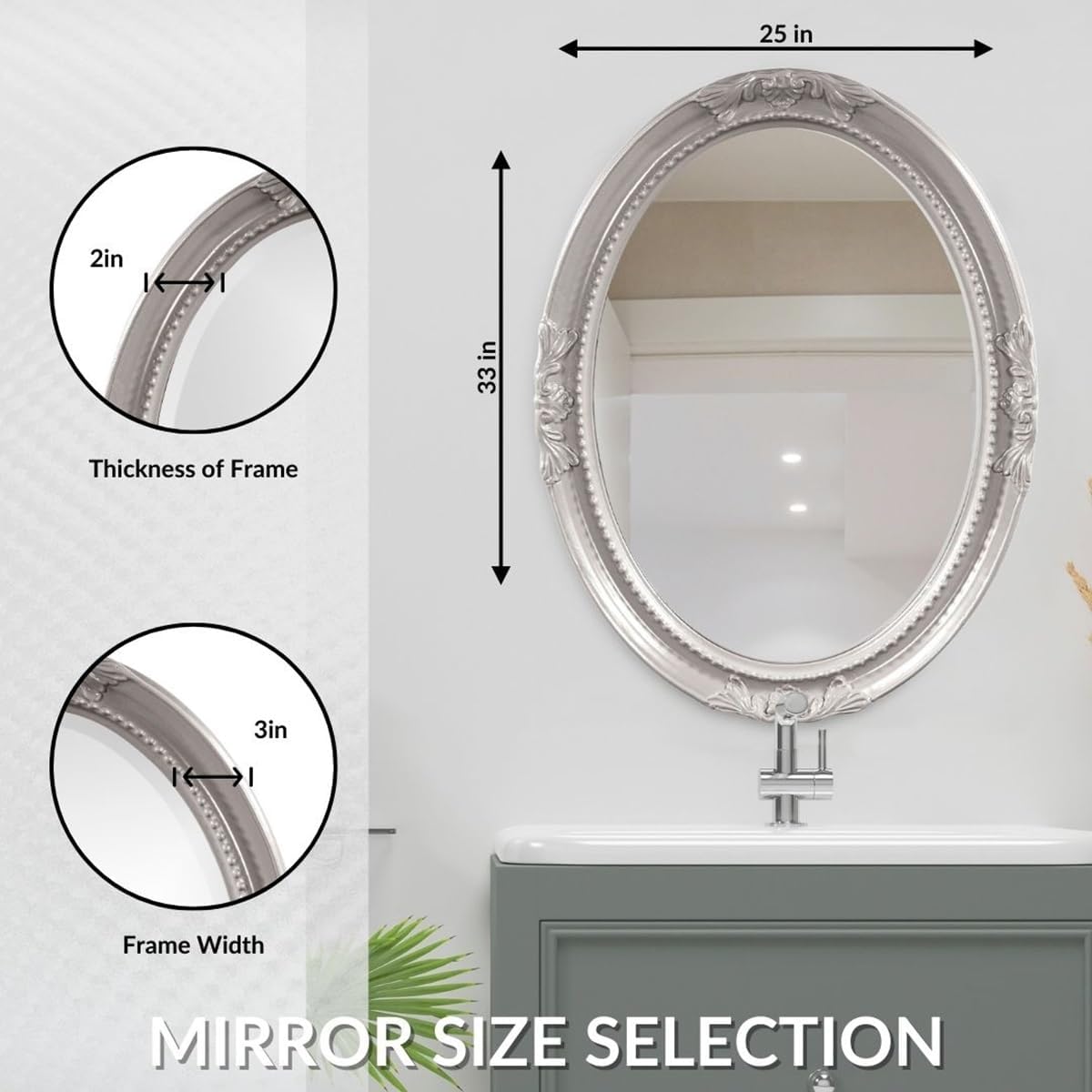 Howard Elliott Collection Queen Ann Oval Glossy Nickel Wall Mirror, Oval Bevelled Hanging Wood Framed Vanity Mirrors for Home Decor, Living Room, Bathroom, Bedroom, or Hallway, 25 x 33 Inch