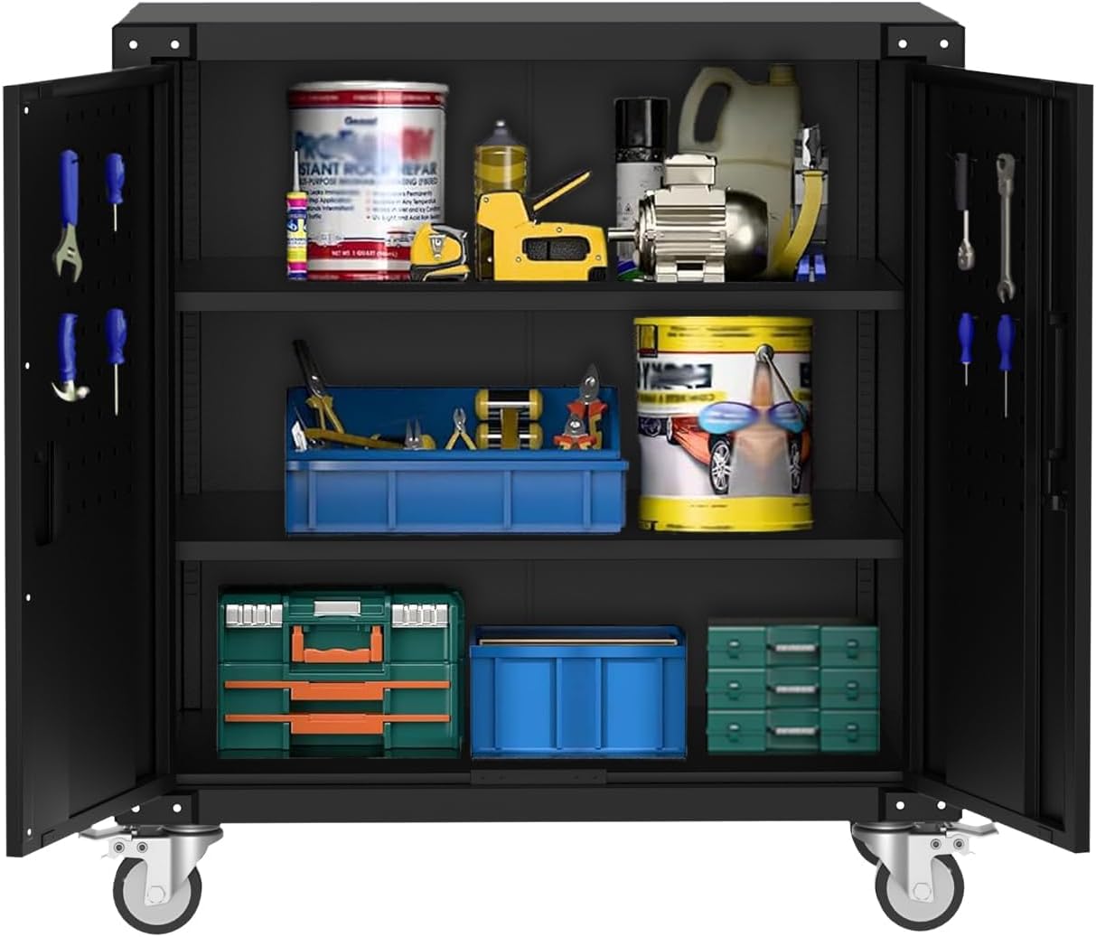 GarveeTech Garage Cabinets - Heavy-Duty Metal Storage Cabinet with 2 Adjustable Shelves & Lock - Tool Cabinet with 4 Wheels, Rust-Resistant for Garage, Warehouse, Office