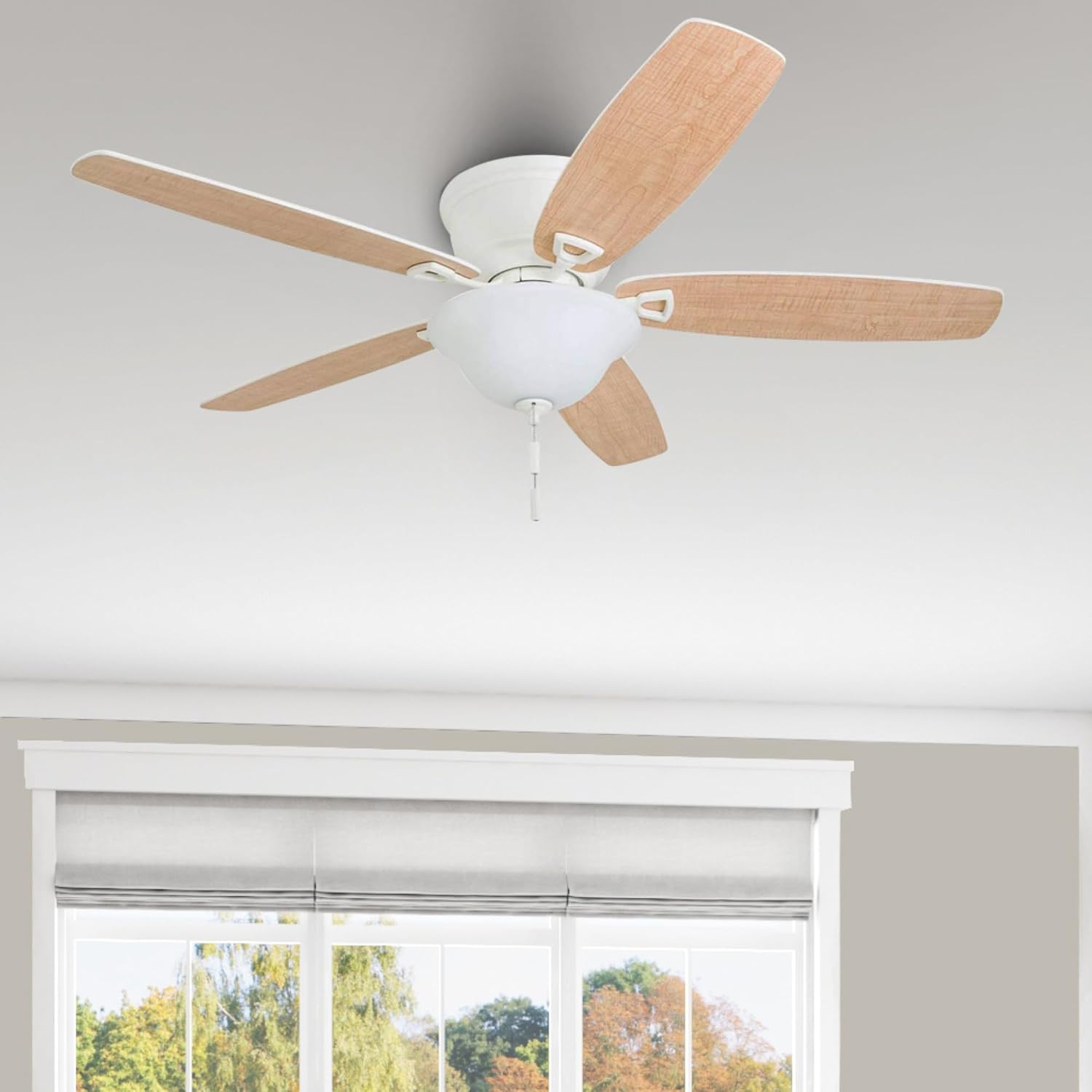Honeywell Glen Alden 52 Inch Indoor LED Ceiling Fan with Bowl Light, Pull Chain Control, 5 Dual-Finish Blades, Quiet Reversible Motor, White