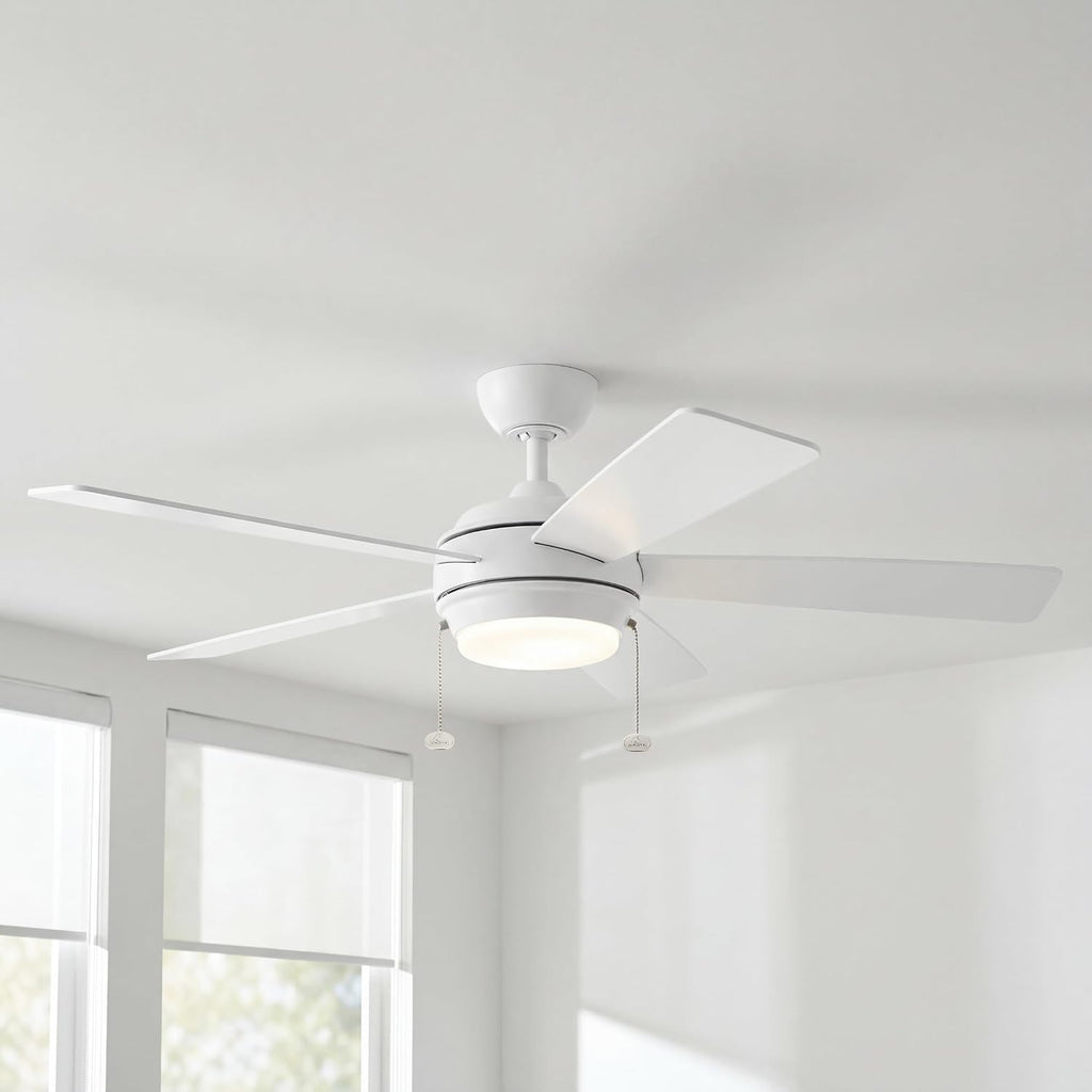 Kichler Starkk 52 in LED Ceiling Fan with Light, 5 Blade Modern White Ceiling Fan with Integrated LED Light and Downrod for Bedroom, Living Room, Kitchen, Dining Room, 330174MWH