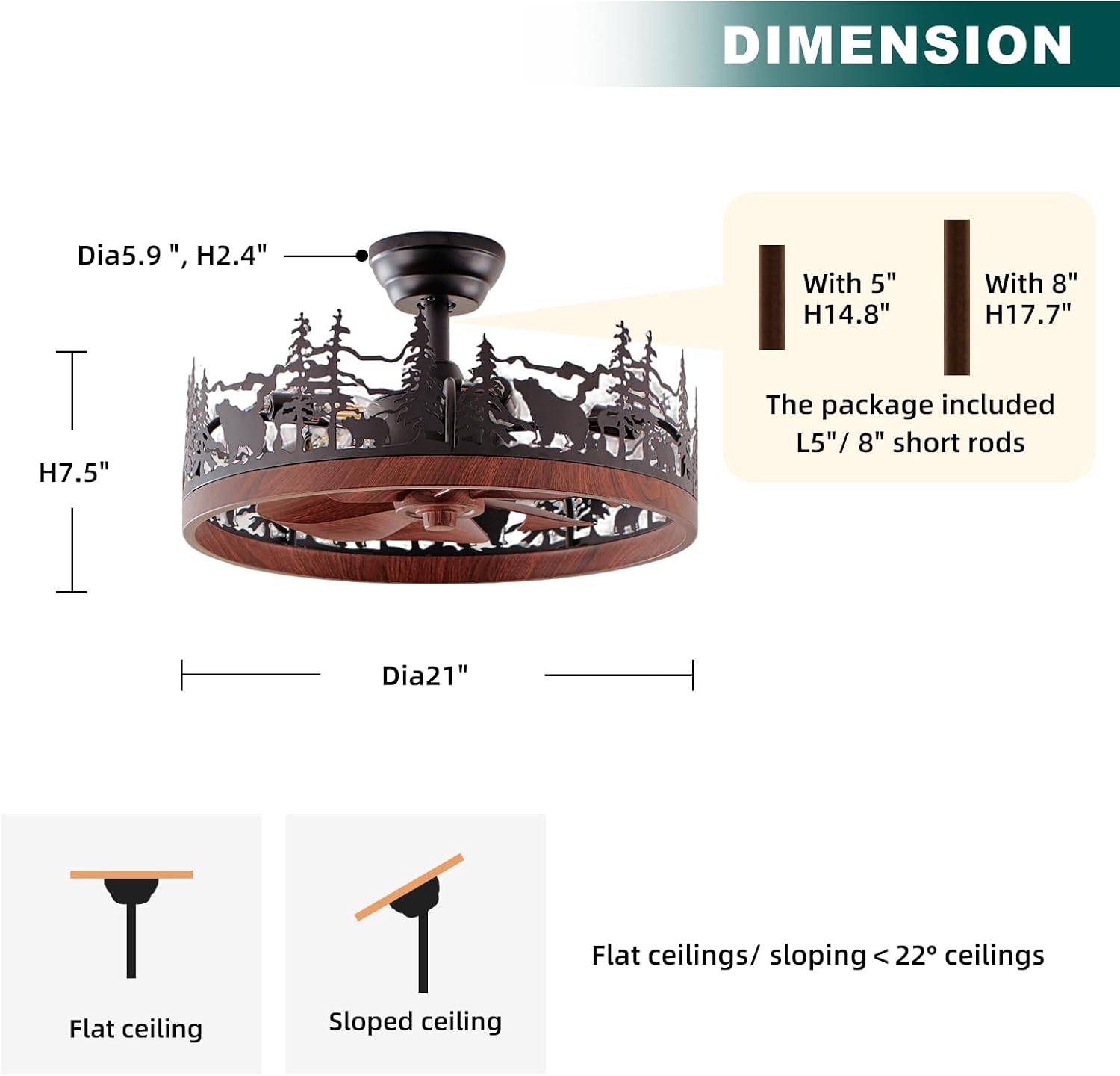 21 Inch Flush Mount Farmhouse Ceiling Fan with Light and Remote, Rustic Walnut Wood Grain Bladeless Fandelier Chandeliers Fan, Forest Ceiling Fan for Living Room, Bedroom