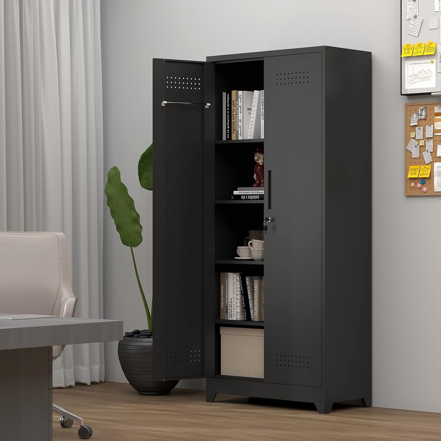 Metal Locking Cabinet, 72.8' Tall Storage Cabinet for Broom, Garage Storage Cabinet with Doors and Shelves, Heavy Duty Tool Cabinet for Home Office, School, Basement,Gym