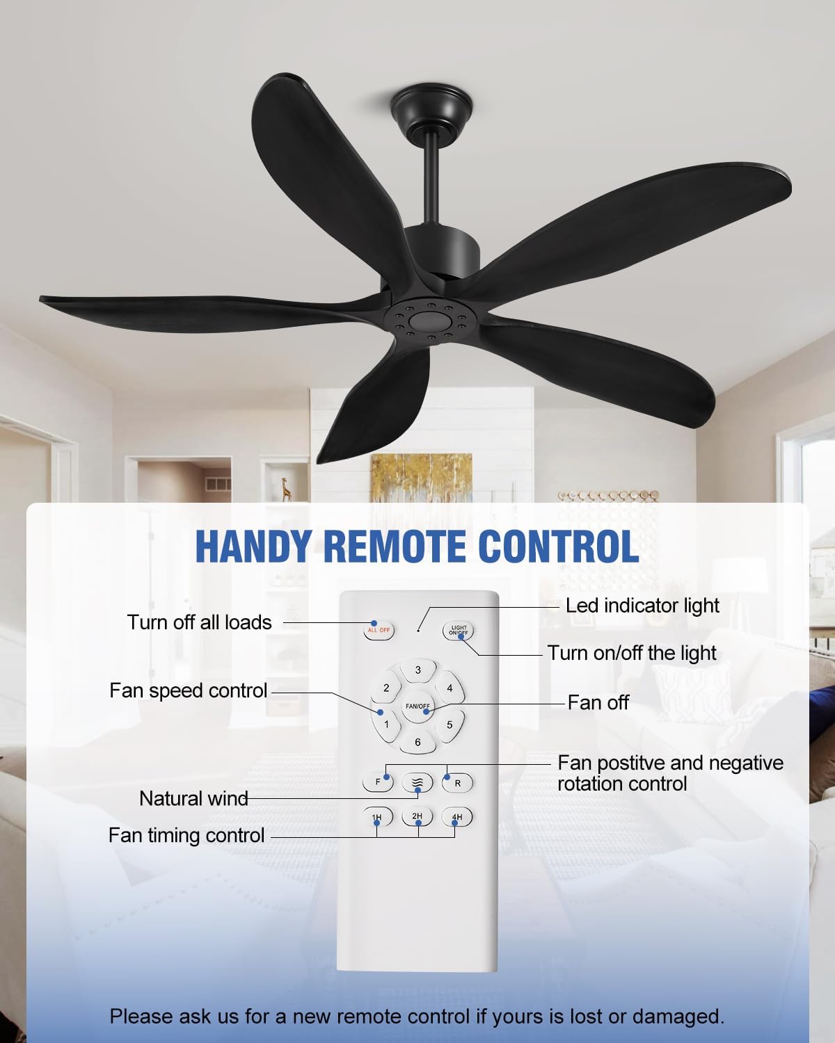 Yahada 52 Inch Ceiling Fan No Light with Remote, USA Original Patent Outdoor Ceiling Fans without Lights, 5 Wood Blades, 3 Downrods, Timer, 6 Speeds ETL DC Motor Ceiling Fans for Patios Bedroom, Black