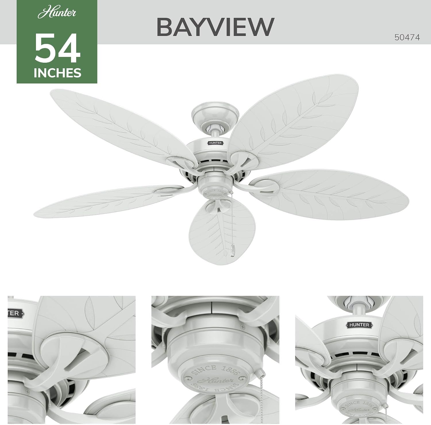 Hunter 54 inch Outdoor or Indoor Ceiling Fan No Light - White Ceiling Fan without Light, For Patio, Porch, Garage, or Living Room, Standard Mount, 5 Blades, Pull Chain - Bayview 50474, White