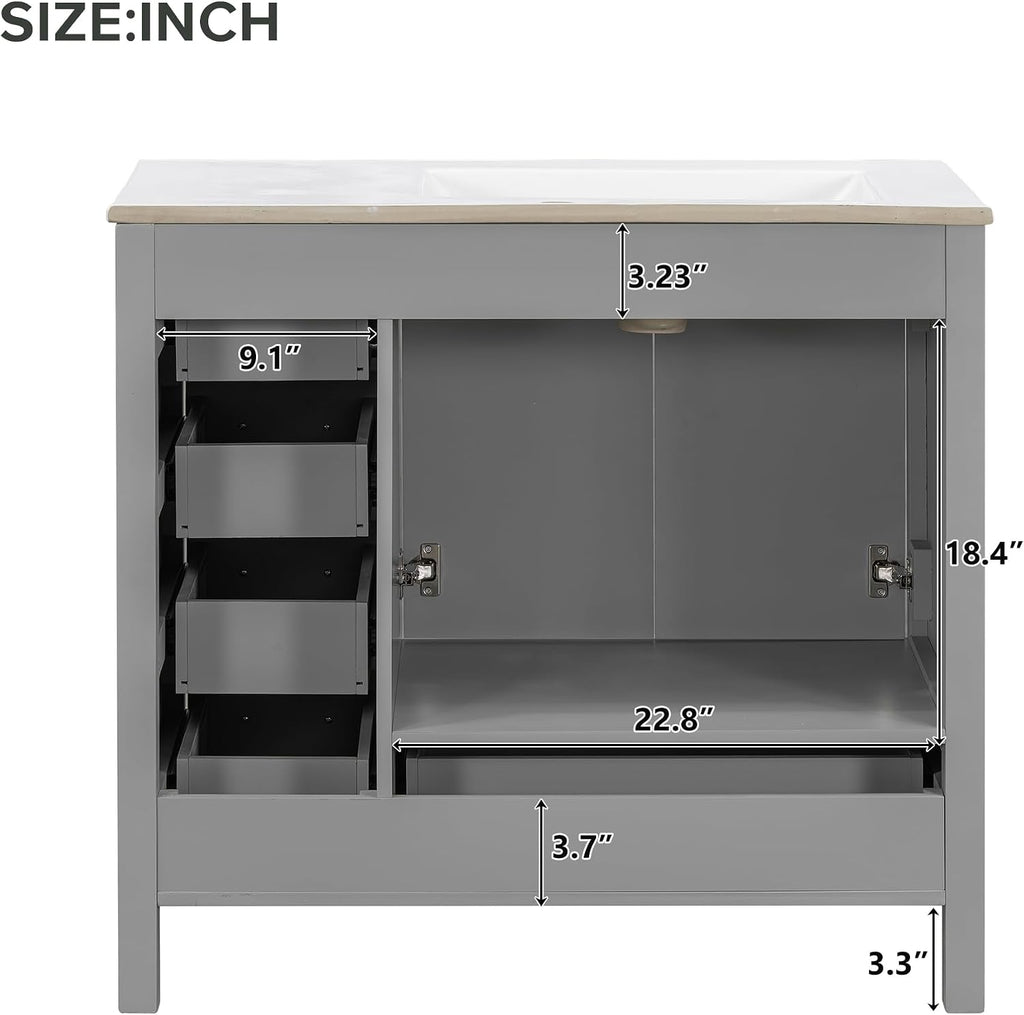 LUMISOL 36 Inch Bathroom Vanity with Sink, Freestanding Bathroom Cabinet with Ceramic Sink, Modern Single Vanity with Soft Close Doors & Drawers for Guest Bath, Master Suite, Rental, Grey