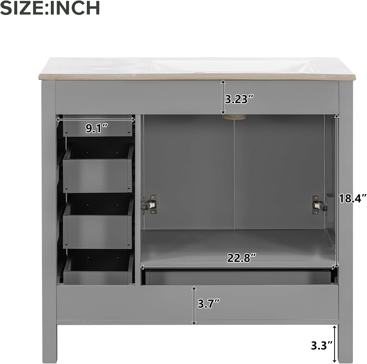 LUMISOL 36 Inch Bathroom Vanity with Sink, Freestanding Bathroom Cabinet with Ceramic Sink, Modern Single Vanity with Soft Close Doors & Drawers for Guest Bath, Master Suite, Rental, Grey