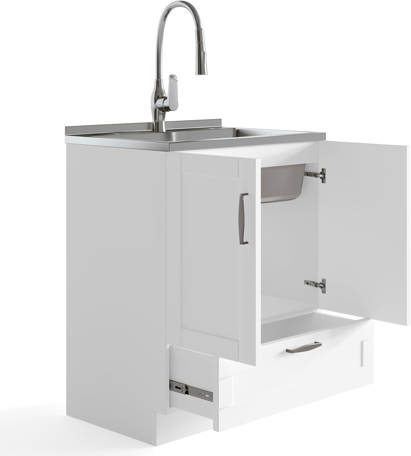 SIMPLIHOME Reed All-in-One 28 inch Wide Utility Sink and Laundry Cabinet in Pure White Finish, Transitional Stainless Steel Sink Cabinet for Laundry Rooms with High-Arch Chrome Faucet and Storage