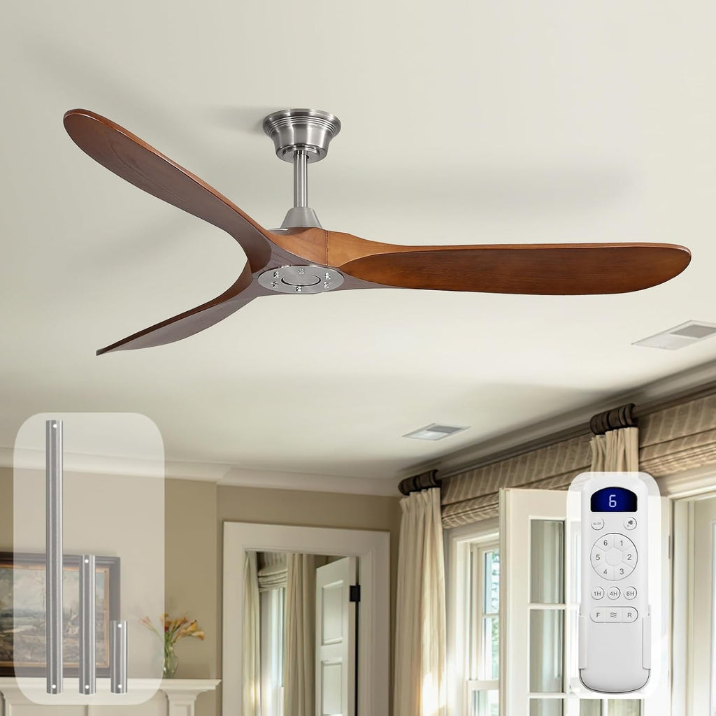 Sofucor 60 Inch Ceiling Fans No Light-Outdoor Ceiling Fan with Remote Control, Reversible DC Motor, Modern Wood Ceiling Fan Without Light for Bedroom Indoor Patios Farmhouse, Sandy Nickel&Walnut