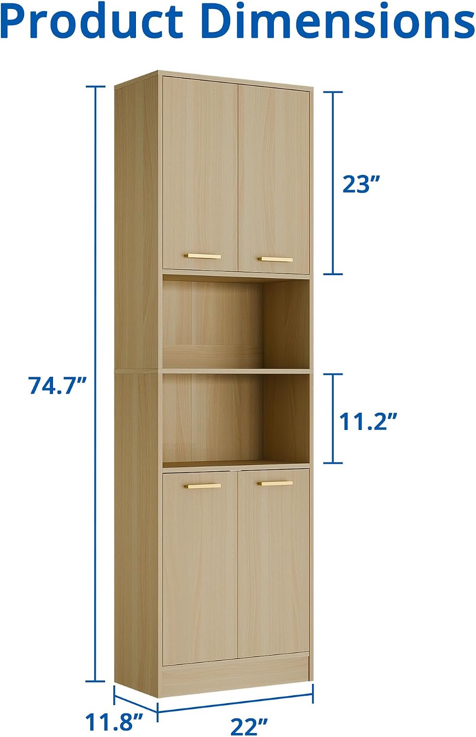 Cozy Castle Kitchen Pantry Cabinet, 75' Tall Wood Storage Cabinet with Doors and Shelves, 4 Doors Open Countertop Utility Hutch Cupboard for Dining Room Living Room Bathroom Furniture, Oak