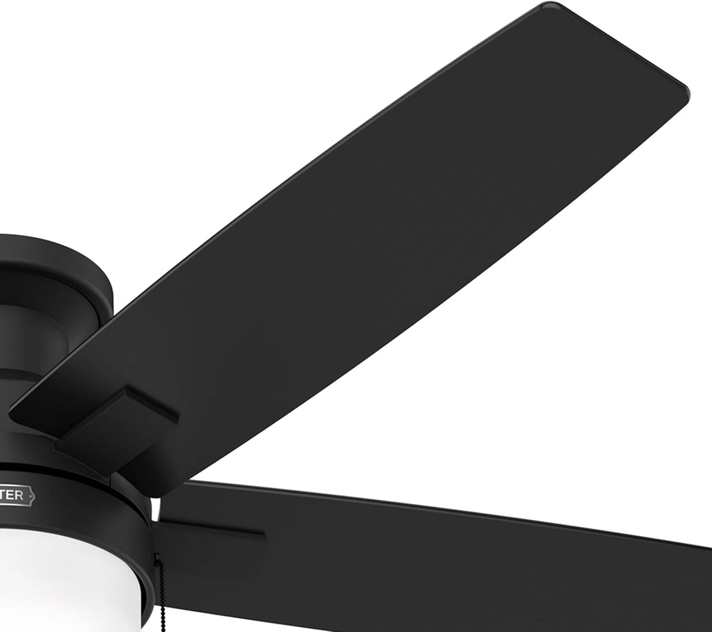 Hunter Fan 52 Inch Matte Black Ceiling Fan with Light and Pull Chain, Low Profile Fan for Bedroom, Living Room, Dining Room, Kitchen, Office (Renewed)