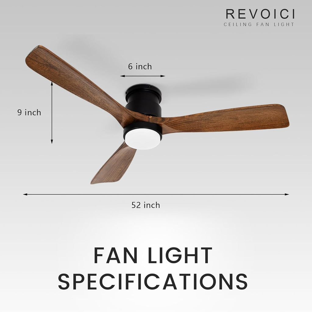 52 Inch Ceiling Fans with Lights Remote, Amber solid wood Low Profile Flush Mount Ceiling Fan with Light, Timing Silent Reversible DC Motor LED Fan Lighting Indoor Outdoor Fans for Farmhouse Bedroom