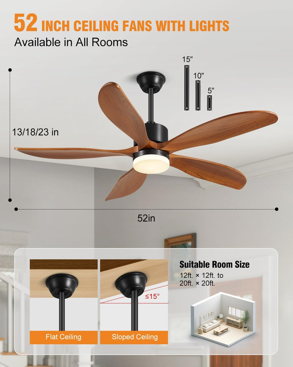 60 Inch Walnut Wood Ceiling Fan with Light and Remote, Original USA Patent Outdoor Ceiling Fan, 5 Wood Blades, 3 Downrods, Timer, 6 Speed ETL Certified DC Motor Ideal for Patio Porche Indoor Bedroom
