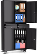 Metal Garage Storage Cabinet with 4 Wheels and 2 Drawers, 72' Heavy Duty Rolling Tool Storage Cabinet Organizer, Locking Doors and Adjustable Shelves for Garage, Workshop, Office, Warehouse