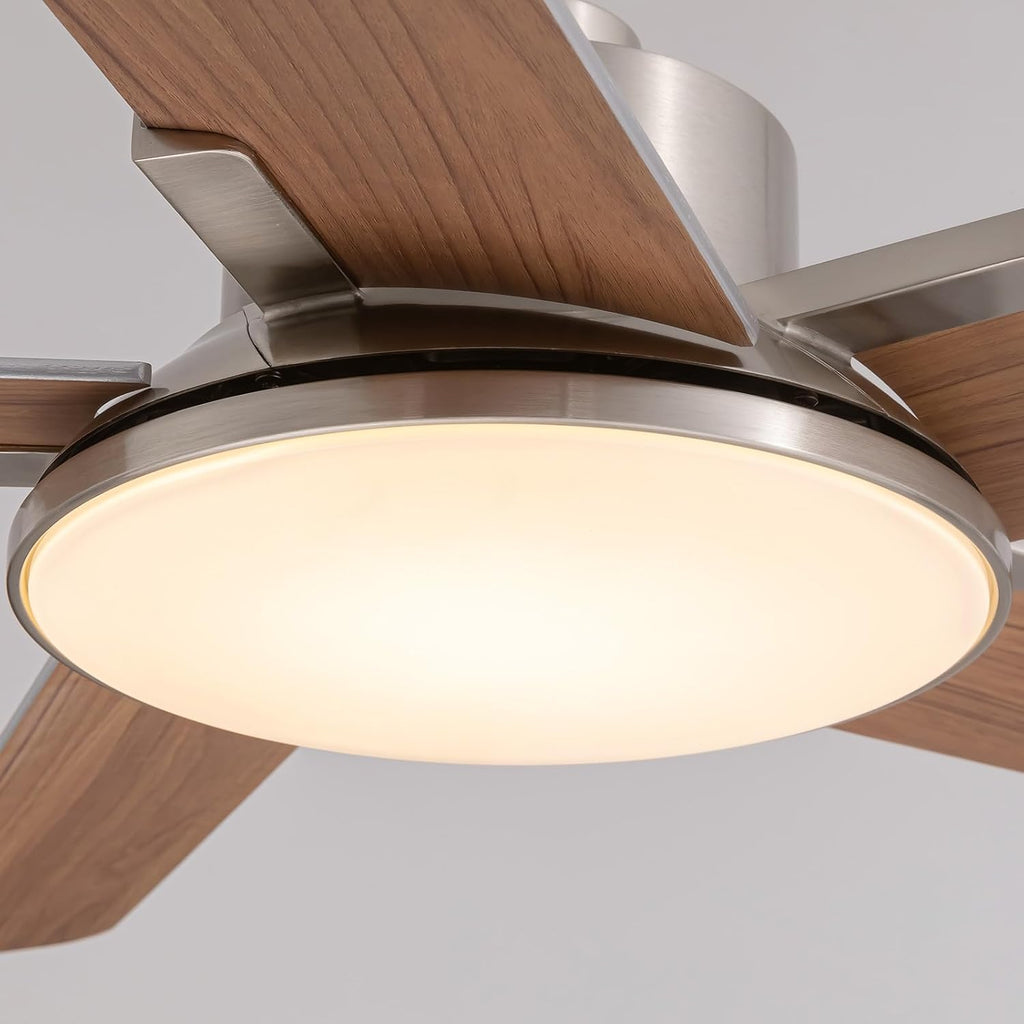 Ceiling Fans with Lights and Remote Control, 52 Inch Modern Ceiling Fan with 3CCT Dimmable LED, 6 Speeds, Quiet Reversible DC Motor, Timer, Nickel Ceiling Fan for Living Room, Kitchen, Outdoor Patio