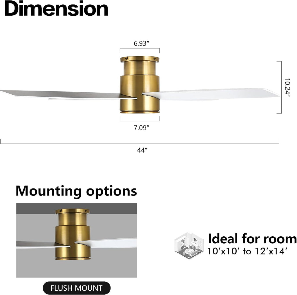WINGBO 44 Inch Flush Mount DC Ceiling Fan with Lights and Remote, 4 Reversible Blades, Ultra Quiet 6-Speed DC Motor, Hugger Low Profile Indoor Ceiling Fan, Brass Finish