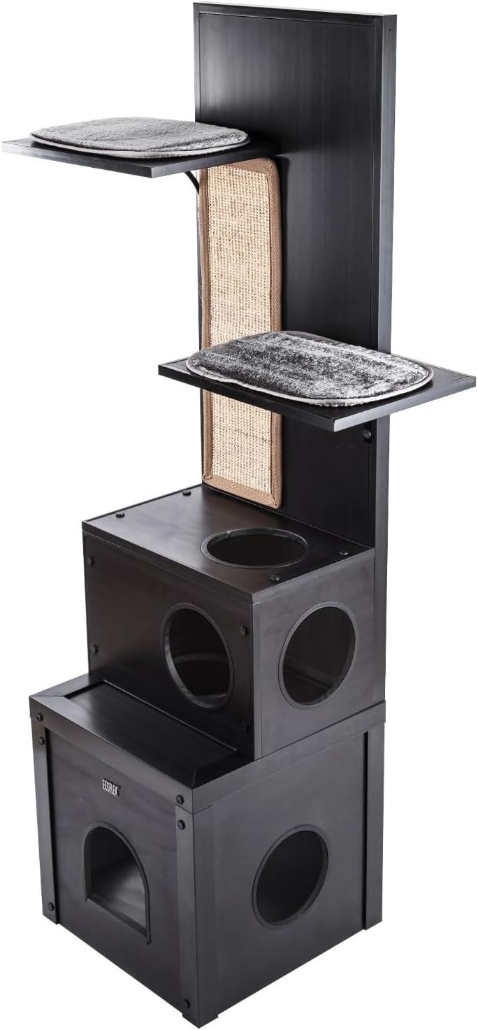 New Age Pet ECOFLEX Kitty Climber Cat Tree with 2 Cubes, 2 Shelves, Sisal Scratch Pad, 60' Tall, Moisture and Odor Resistant Indoor Cat Furniture, Espresso Black