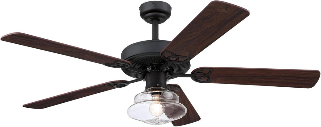 Westinghouse Lighting 7304800 Scholar, Vintage-Style LED Ceiling Fan with Light, 52 Inch, Matte Black Finish, Clear Glass