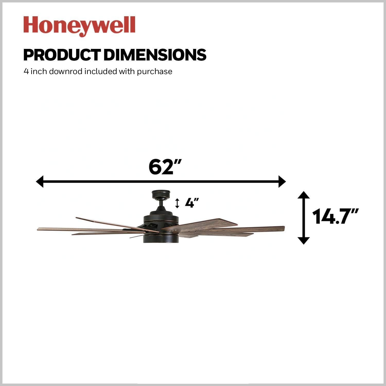 Honeywell Ceiling Fans Xerxes Modern 62 Inch Ceiling Fan with Light, Remote Control Fan, LED Indoor Fan with 8 Blades, Dark Elm and Rough Pine Blade Finish Options, Bronze (50609-01)