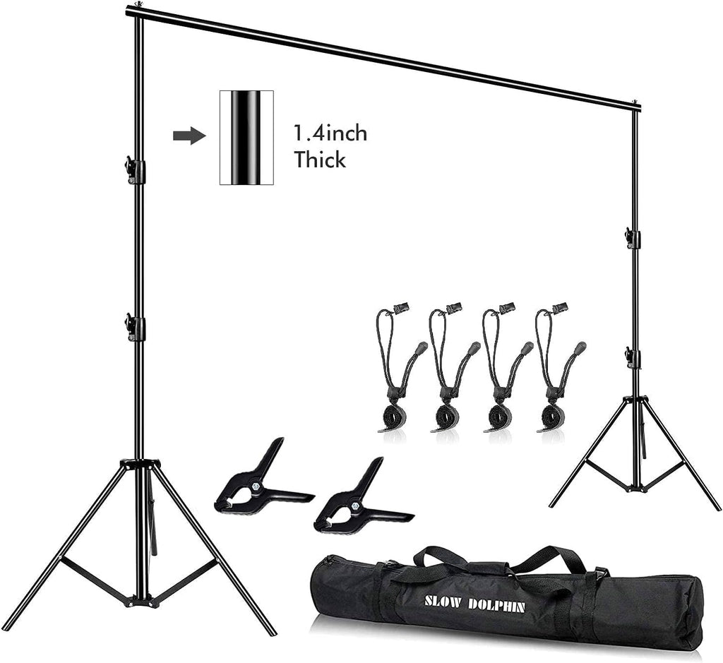 SLOW DOLPHIN Photography Background Support 12ft x 10ft Heavy Duty Adjustable Backdrop Stand Kit with Photography Muslin Backdrop Clips ，Spring Clamps，Carry Bag for Photo Video Studio