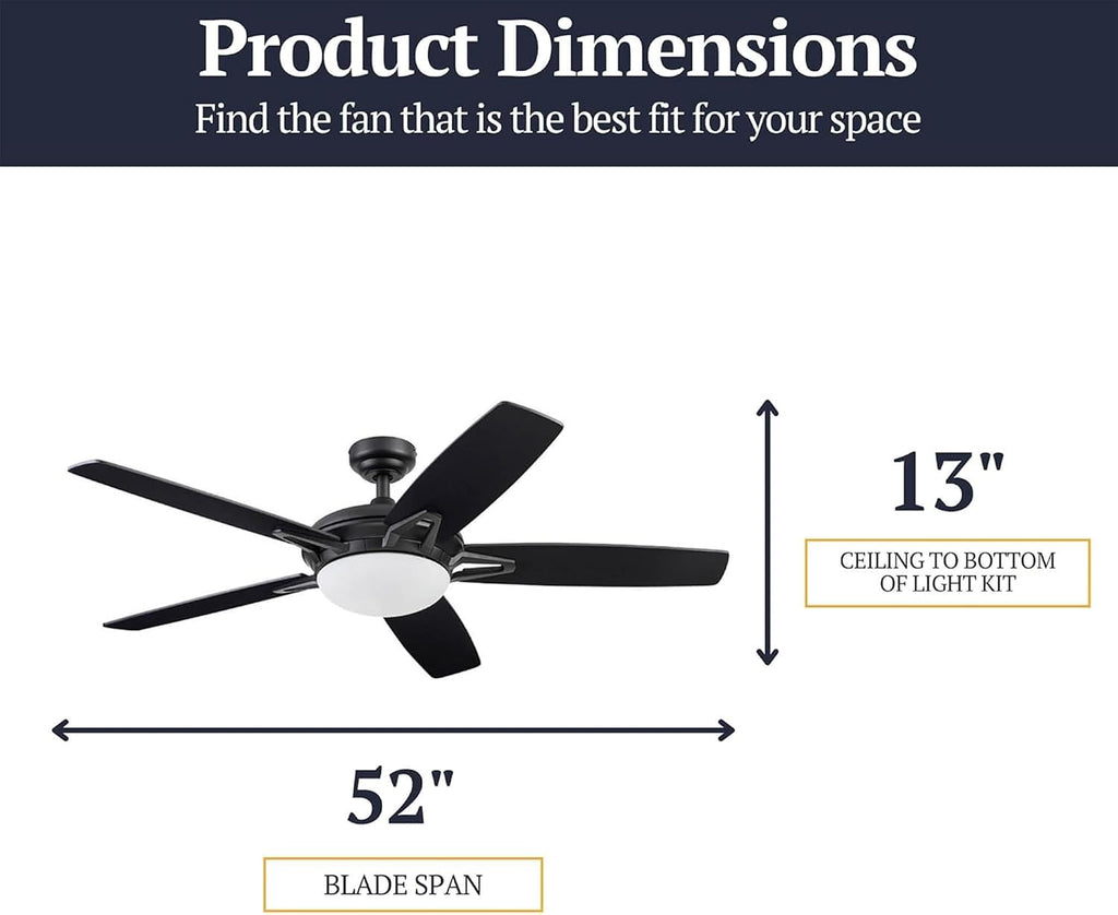Prominence Home Clancy 52 Inch Contemporary LED Ceiling Fan with Light, Remote Control, Reversible Motor, 5 Dual Finish Blades, Matte Black