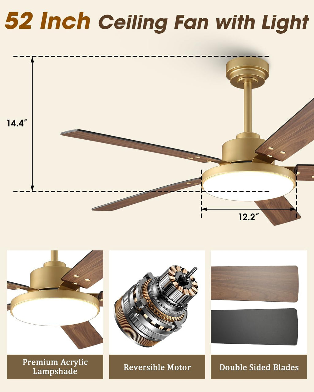 Parrot Uncle 52 Inch Gold Ceiling Fan with LED Light, Ceiling Fan with App and Remote Control, Dimmable 3 CCT, Reversible DC Motor, 5 Blades, Downrod Mount