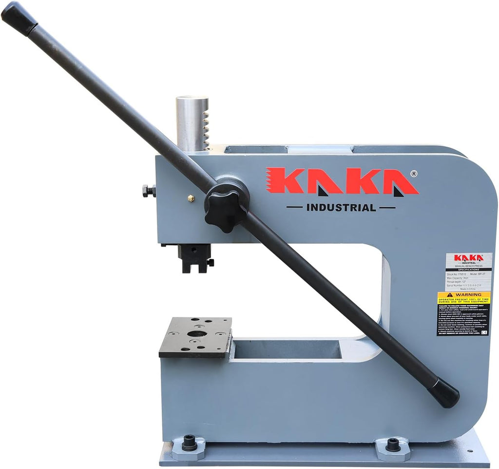 KAKA INDUSTRIAL Manual Bench Press, 3 Ton Capacity Bench Press Machine with 12-Inch Throat Depth, Heavy-Duty Steel Frame for Metalworking, Louver Press, Punching, and Stamping BP-3T