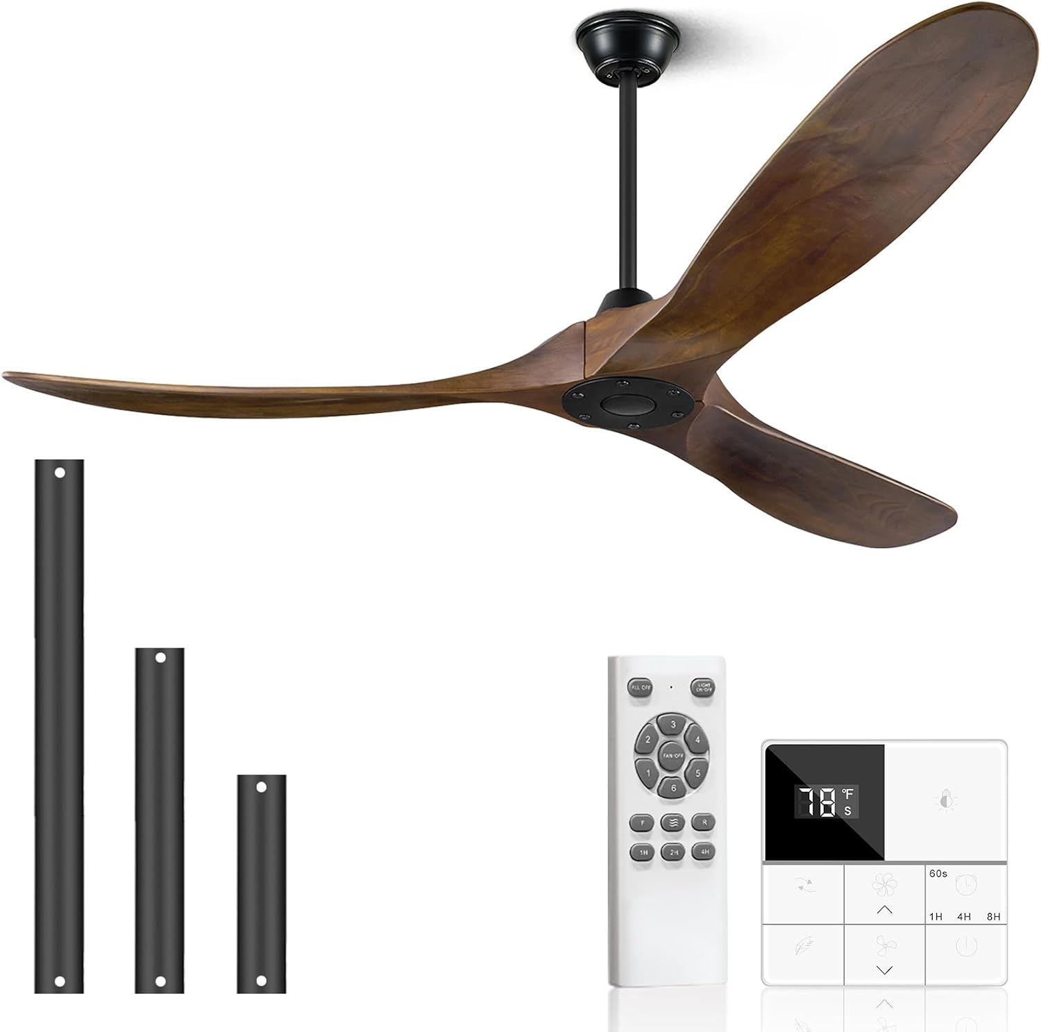 Eliora Ceiling Fan without Light, 60 Inch Wood Ceiling Fan no Light with Remote Wall Switch, Outdoor Fan for Patio, Porch, Bedroom, 6 Speed, Quiet DC Motor, ETL Listed-Deep Walnut