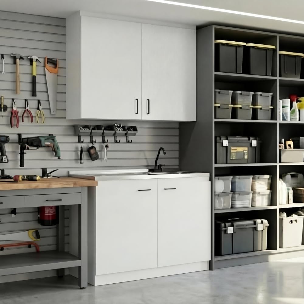 DEPOT E-SHOP Salento Utility Freestanding Sink with Cabinet 35.4' H x 39.3' W - Double Door, Two Shelves, Metal Handles, Aluminum Countertop, White, with Integrated Steel Sink