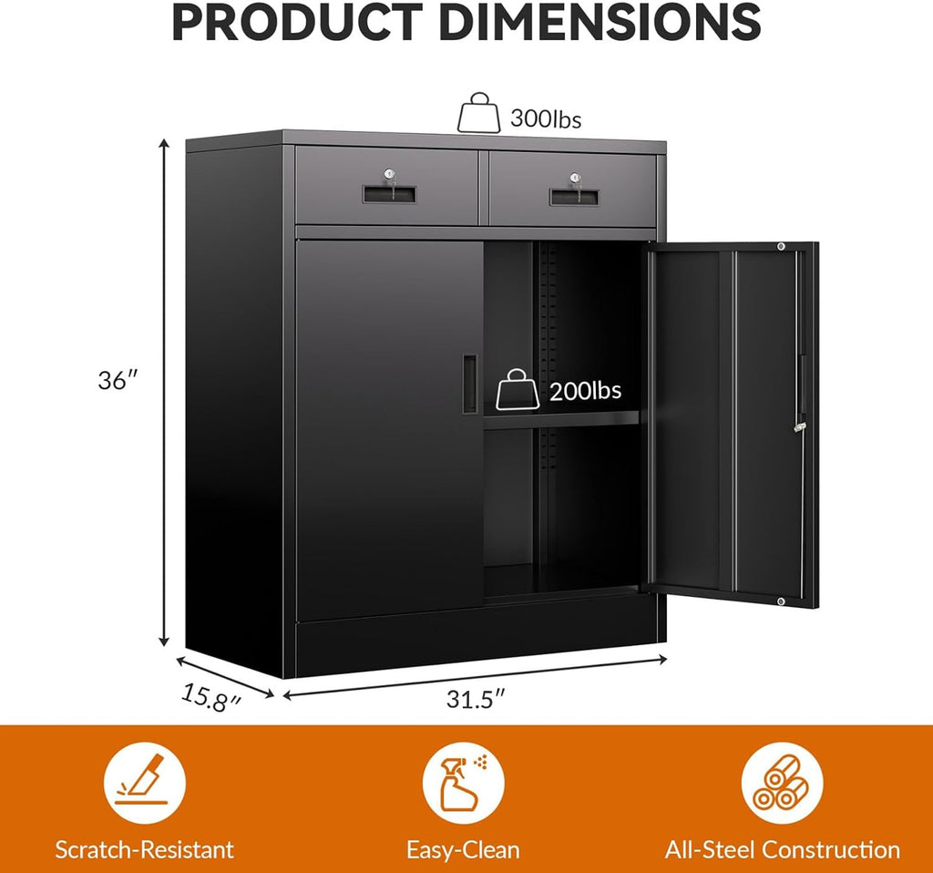 BESFUR Metal Garage Storage Cabinet with Two Lockable Drawers 2 Locking Doors and an Adjustable Shelf, 36' Black Metal Short Storage Cabinet for Home Office,Garage,School,Utility Room