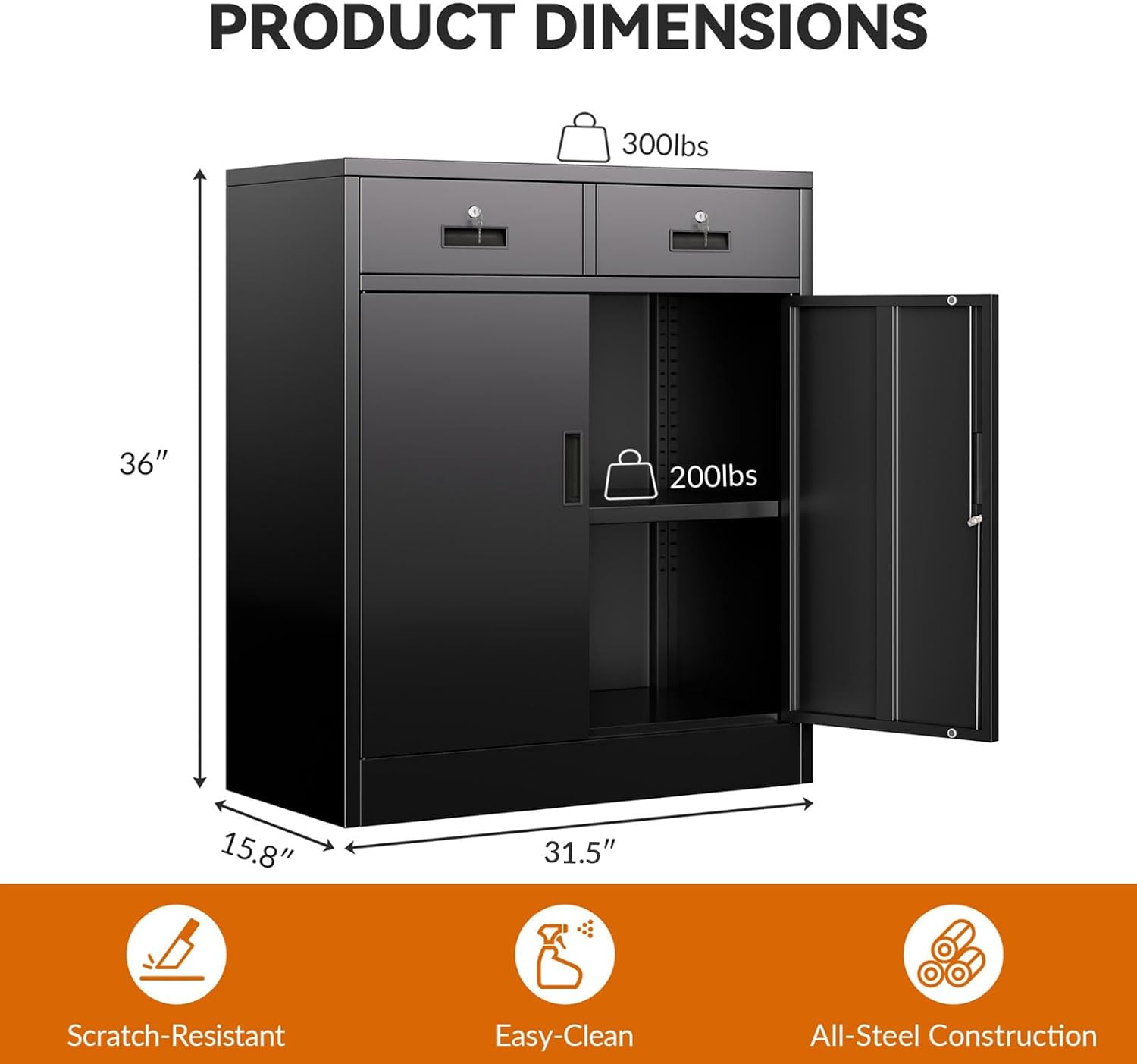 BESFUR Metal Garage Storage Cabinet with Two Lockable Drawers 2 Locking Doors and an Adjustable Shelf, 36' Black Metal Short Storage Cabinet for Home Office,Garage,School,Utility Room