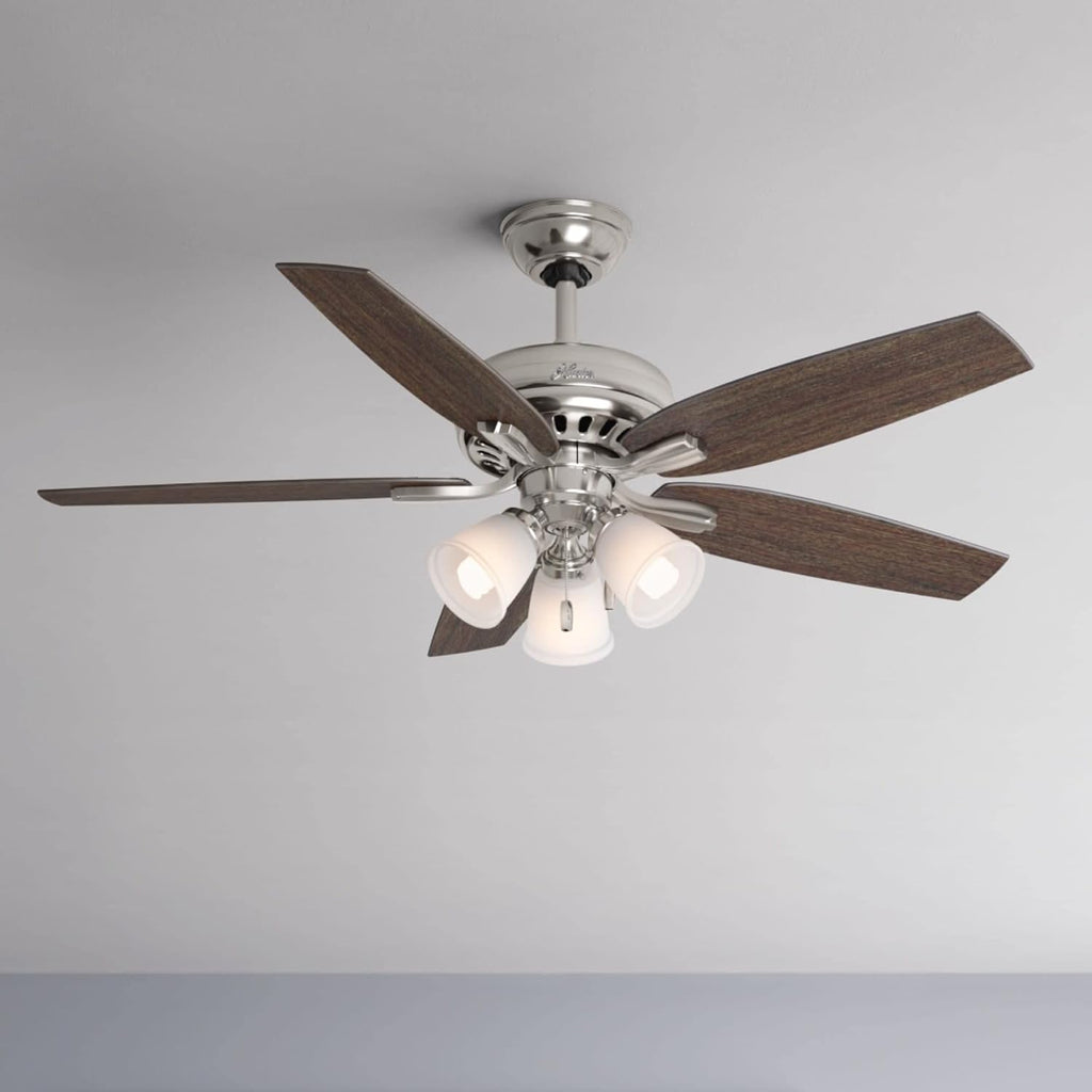 Hunter 52 inch Indoor Ceiling Fan with LED Lights - Ceiling Fan with Pull Chain, For Bedroom or Living Room, Standard Mount, No Remote, 5 Blades, Includes Bulbs - Newsome 53318, Brushed Nickel