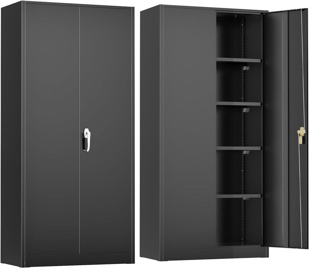 SUNCROWN 72'Metal Storage Cabinets, Locking Cabinet with 2 Doors and 4 Adjustable Shelves, Steel Utility Tool Garage Cabinets,Tall Metal Lockable File Cabinet for Office,Home, Gym, School - Black