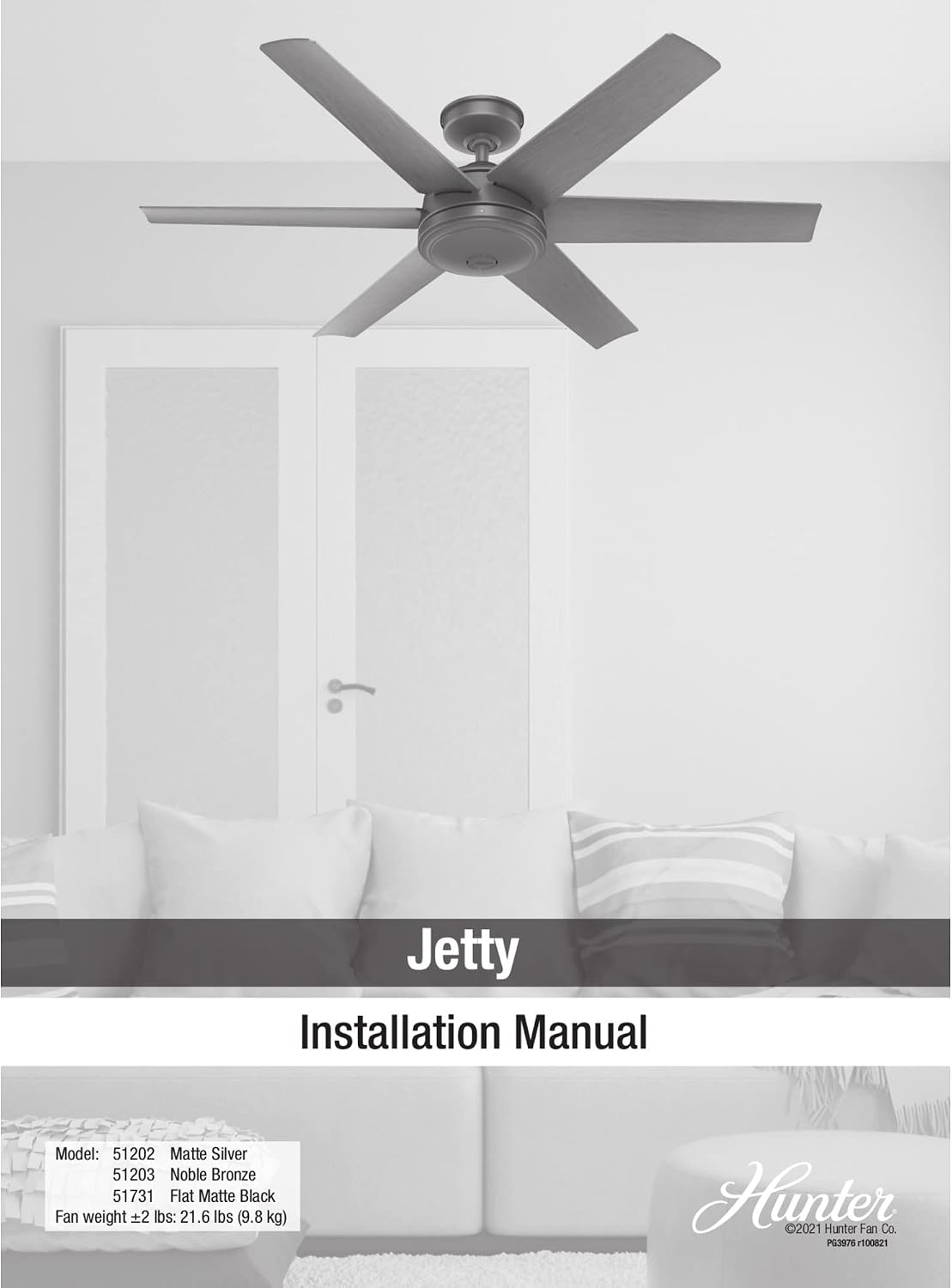 Hunter 52 inch Jetty Matte Black Wet Rated Ceiling Fan and Wall Control