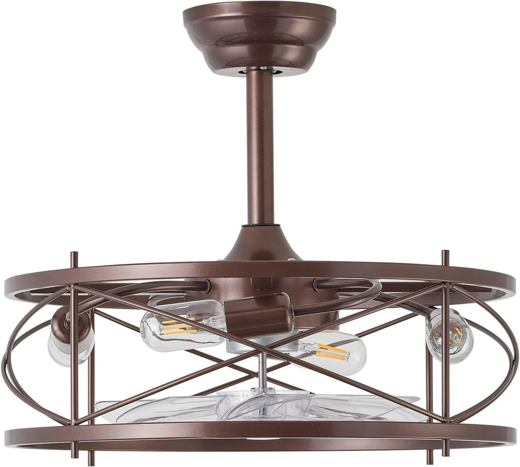 20' Farmhouse Fandelier Ceiling Fan with Light, Caged Bladeless Ceiling Fans with Lights and Remote, Rustic Small Enclosed with 6 Speeds for Bedroom, Kitchen, Living Room, Brown