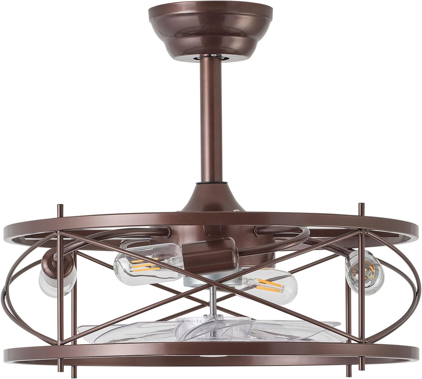 20' Farmhouse Fandelier Ceiling Fan with Light, Caged Bladeless Ceiling Fans with Lights and Remote, Rustic Small Enclosed with 6 Speeds for Bedroom, Kitchen, Living Room, Brown
