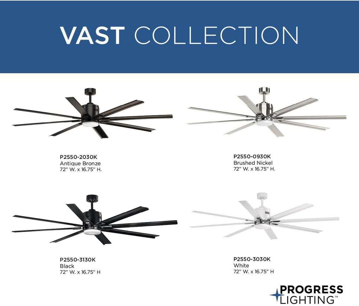 Progress Lighting P2550-3030K Vast Collection 72-in 18W LED Eight Blade Fan, White