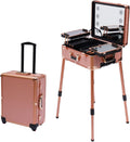 Aluminum Trolley Makeup Train Case with LED Light & Mirror,Professional Cosmetic Travel Box with Retractable Legs, Rolling Lighted Makeup Vanity Station for Travel (Rose Gold)