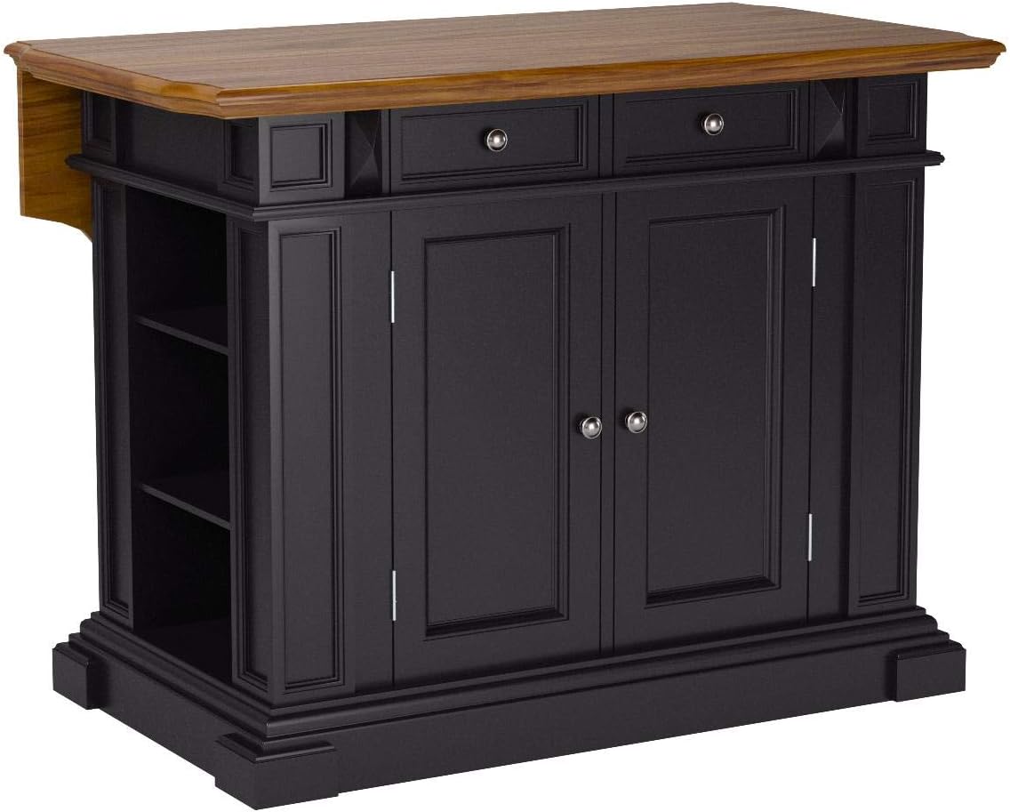 Home Styles Large Kitchen Island Set with Two Matching Stationary Slat back Stools with Antique Black finish and Distressed Oak Top, Extendable Breakfast Bar, Open Storage and Shelves and Drawers