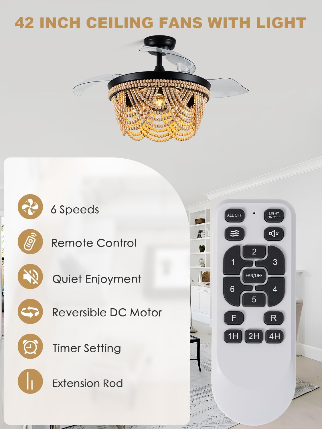 Bella Depot 42 Inch Boho Ceiling Fan with Light, Flush Mount Wood Beaded Fandelier Chandelier Fan, 6 Speeds Reversible Bladeless Ceiling Fan for Bedroom Living Room Kitchen, Black