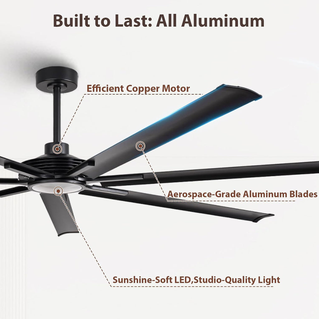 84' Large Commercial Ceiling Fan Lights & Remote - Damp-Rated Outdoor Ceiling Fans for Patios, Modern Industrial Design, 6-Speed, Dimmable LED, Use for House, Shop, Garage,High-Traffic Areas