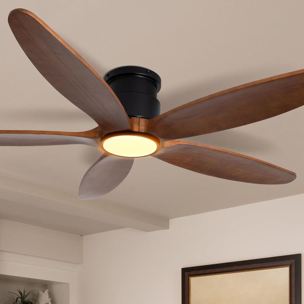 Ceiling Fan with Lights, 52Inch Flush Mount Ceiling Fan with Remote Control, 5 Wood Blades, DC Motor,3CCT,Walnut Wooden Ceiling Fans for Bedroom, Living Room, Home Office,Indoor