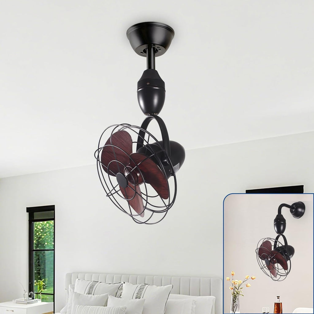 Depuley Oscillating Ceiling Fan with Remote: Black and Walnut Wall Mount Fan Ceiling for Patio - Caged Outdoor Wall Fan for Indoor Bedroom Kitchen - 80° Oscillation 100° Adjustable
